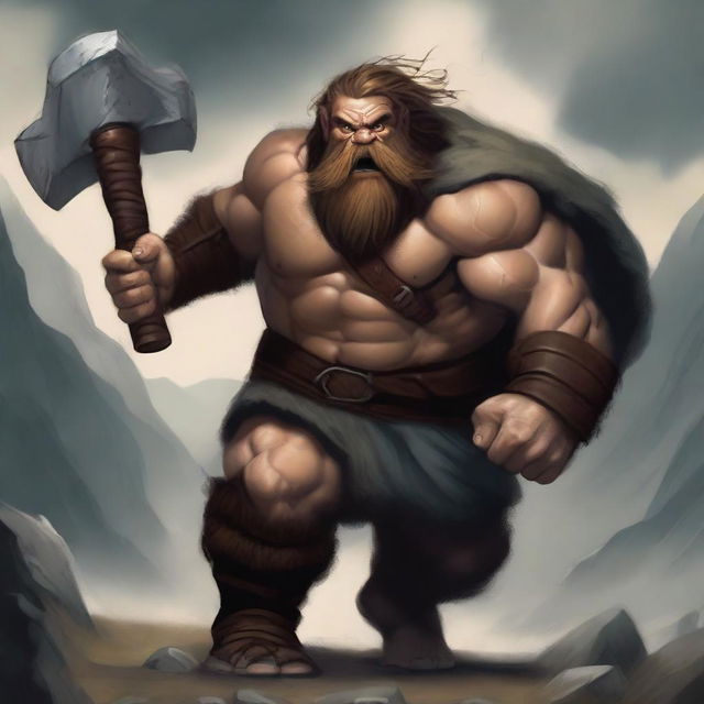 A fierce dwarf barbarian charging forward with a grand axe in hand