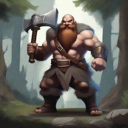 A fierce dwarf barbarian wielding a grand axe, standing in a battle-ready stance