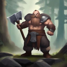 A fierce dwarf barbarian wielding a grand axe, standing in a battle-ready stance