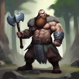 A fierce dwarf barbarian wielding a grand axe, standing in a battle-ready stance