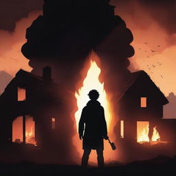 A dramatic silhouette of a young man standing against the backdrop of a burning village house, with flames and smoke rising into the night sky