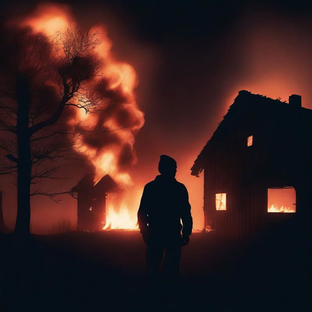 A dramatic silhouette of a young man standing against the backdrop of a burning village house, with flames and smoke rising into the night sky