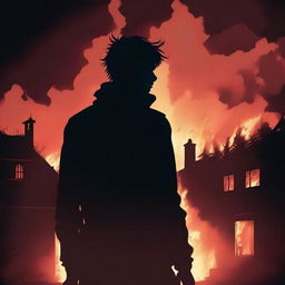 A dramatic silhouette of a young man standing against the backdrop of a burning village house, with flames and smoke rising into the night sky