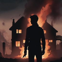 A dramatic silhouette of a young man standing against the backdrop of a burning village house, with flames and smoke rising into the night sky