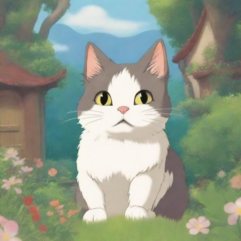 A whimsical and enchanting image of a cat in the style of Studio Ghibli, with lush and detailed backgrounds, capturing the magical and serene atmosphere typical of Ghibli films