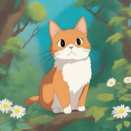 A whimsical and enchanting image of a cat in the style of Studio Ghibli, with lush and detailed backgrounds, capturing the magical and serene atmosphere typical of Ghibli films