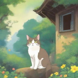 A whimsical and enchanting image of a cat in the style of Studio Ghibli, with lush and detailed backgrounds, capturing the magical and serene atmosphere typical of Ghibli films