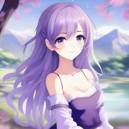 A beautiful anime girl with flowing purple hair, standing in a serene environment