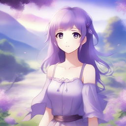 A beautiful anime girl with flowing purple hair, standing in a serene environment