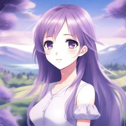 A beautiful anime girl with flowing purple hair, standing in a serene environment