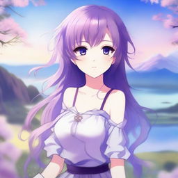 A beautiful anime girl with flowing purple hair, standing in a serene environment