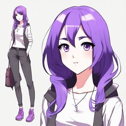 Create an image of an anime girl with purple hair styled in a modern fashion