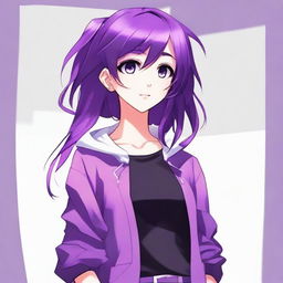 Create an image of an anime girl with purple hair styled in a modern fashion