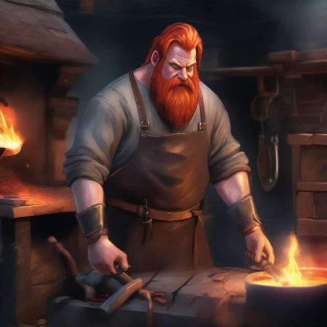 A detailed image of a medieval dwarf blacksmith with red hair and beard, wearing a leather apron