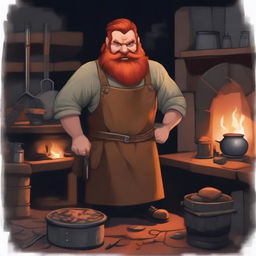 A detailed image of a medieval dwarf blacksmith with red hair and beard, wearing a leather apron