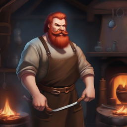 A detailed image of a medieval dwarf blacksmith with red hair and beard, wearing a leather apron