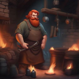 A detailed image of a medieval dwarf blacksmith with red hair and beard, wearing a leather apron