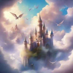 A fantastical kingdom set above the clouds in the sky