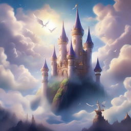 A fantastical kingdom set above the clouds in the sky