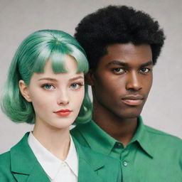 Revise the retro anime couple with the woman's hair matching the short style of the man's. She has white skin, green eyes, and the man is taller with black skin and black eyes.