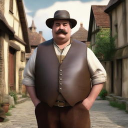 A detailed image of a medieval short, chubby man with brown hair and a mustache, wearing a leather vest and a pointy wool hat