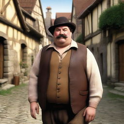 A detailed image of a medieval short, chubby man with brown hair and a mustache, wearing a leather vest and a pointy wool hat