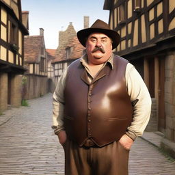 A detailed image of a medieval short, chubby man with brown hair and a mustache, wearing a leather vest and a pointy wool hat