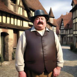 A detailed image of a medieval short, chubby man with brown hair and a mustache, wearing a leather vest and a pointy wool hat