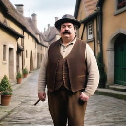 A detailed image of a medieval short, chubby man with brown hair and a mustache, wearing a leather vest and a pointy wool hat