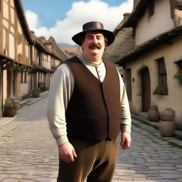 A detailed image of a medieval short, chubby man with brown hair and a mustache, wearing a leather vest and a pointy wool hat