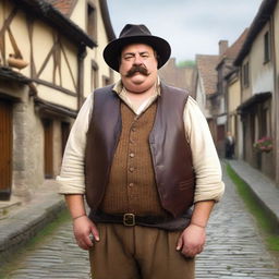 A detailed image of a medieval short, chubby man with brown hair and a mustache, wearing a leather vest and a pointy wool hat