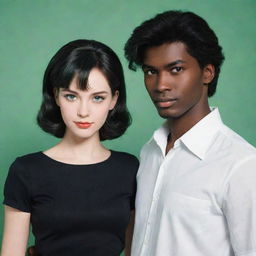 Revise the retro anime couple with the woman's hair matching the short style of the man's. She has white skin, green eyes, and the man is taller with black skin and black eyes.