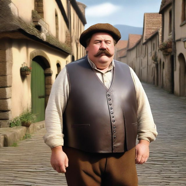 A detailed image of a medieval short, chubby man with brown hair and a mustache, wearing a leather vest and a wool hat