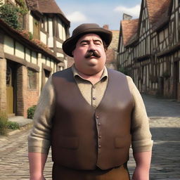 A detailed image of a medieval short, chubby man with brown hair and a mustache, wearing a leather vest and a wool hat