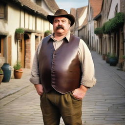 A detailed image of a medieval short, chubby man with brown hair and a mustache, wearing a leather vest and a wool hat