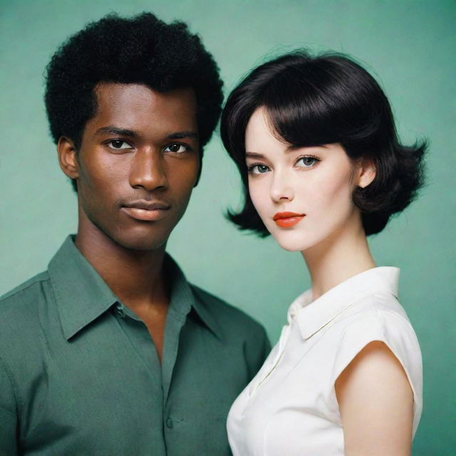 Revise the retro anime couple with the woman's hair matching the short style of the man's. She has white skin, green eyes, and the man is taller with black skin and black eyes.