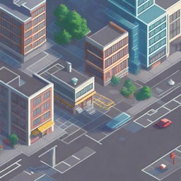 An isometric city street in a pixel art style, featuring detailed buildings, cars, and pedestrians