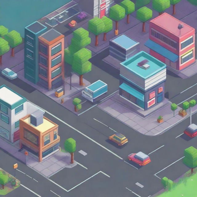 An isometric city street in a pixel art style, featuring detailed buildings, cars, and pedestrians