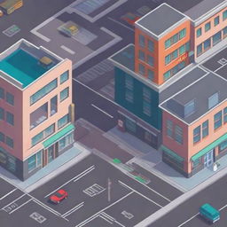 An isometric city street in a pixel art style, featuring detailed buildings, cars, and pedestrians