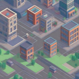 An isometric city street in a pixel art style, featuring detailed buildings, cars, and pedestrians