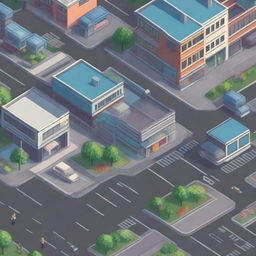 A close-up view of an isometric pixel art city street