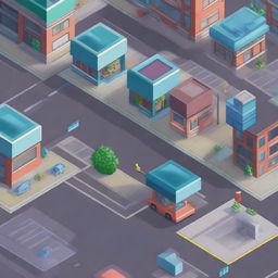 A close-up view of an isometric pixel art city street