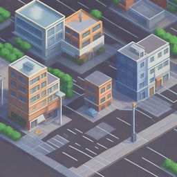 A close-up view of an isometric pixel art city street