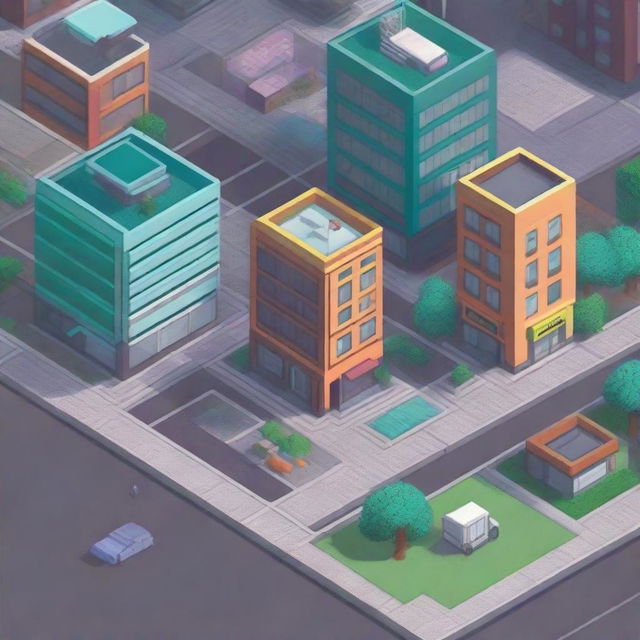 A close-up view of an isometric pixel art city street