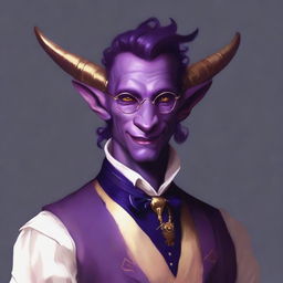 A portrait of a young male tiefling with purple skin and golden horns