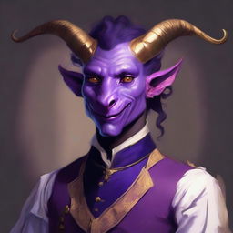 A portrait of a young male tiefling with purple skin and golden horns