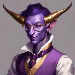 A portrait of a young male tiefling with purple skin and golden horns