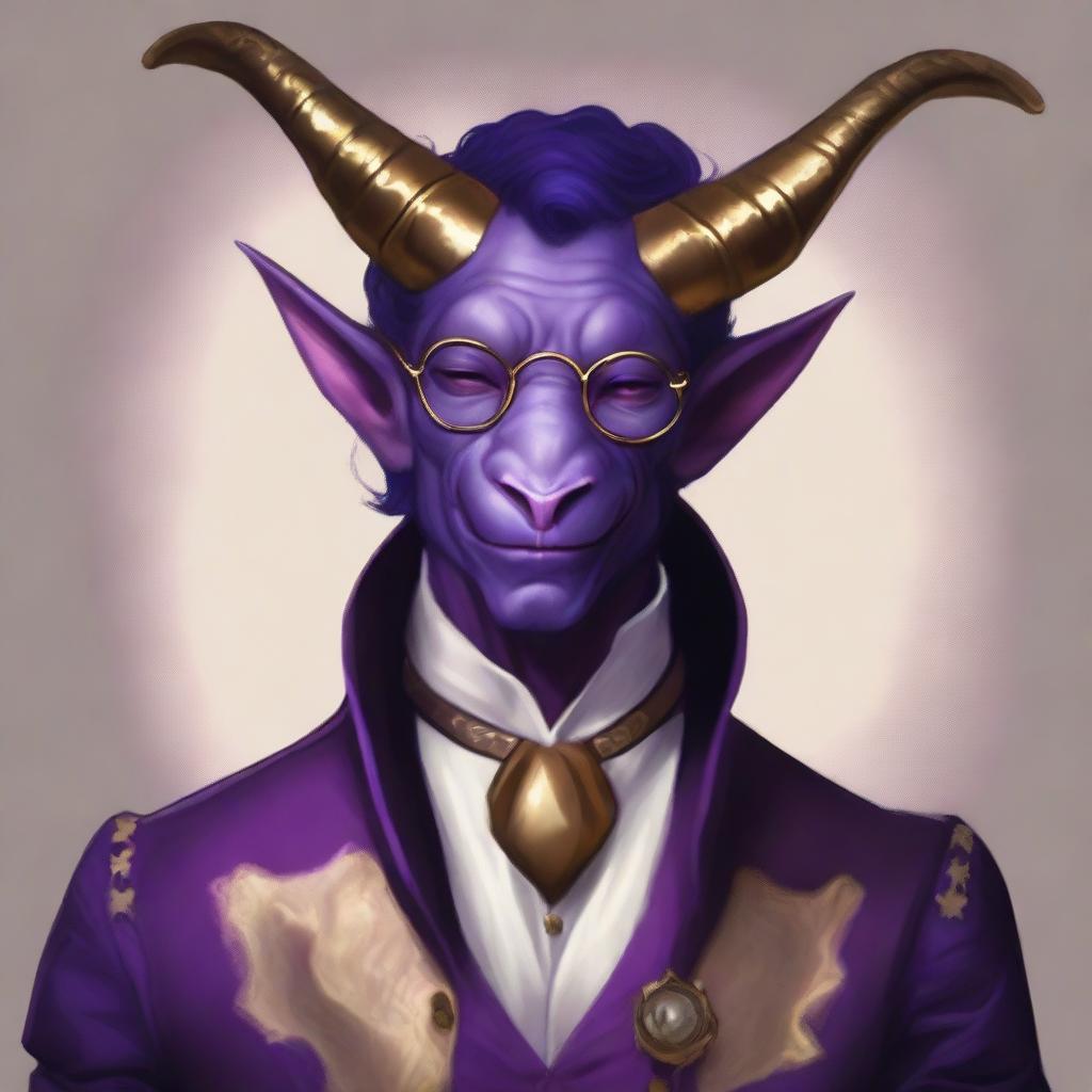 A portrait of a young male tiefling with purple skin and golden horns