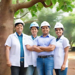 Five friends are standing together in front of a large tree