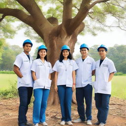 Five friends are standing together in front of a large tree